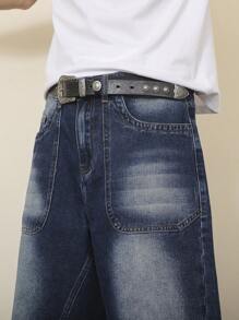 Manfinity Hypemode 男士休闲宽松带口袋及膝牛仔短裤 - 深色水洗藍 - 查看 7