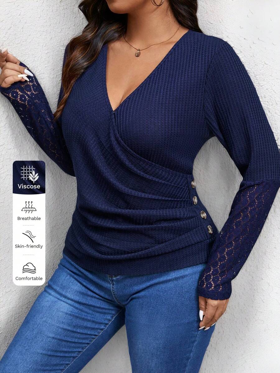 SHEIN Frenchy 大码女式秋季纯色重叠 V 领褶皱撞色蕾丝长袖 T 恤，春夏秋季女装 - 藏蓝色 - 查看 1