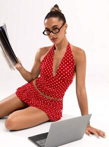 SHEIN BAE Women's Sexy Polka Dot Print Backless Halter Top, Summer - Red - View 3