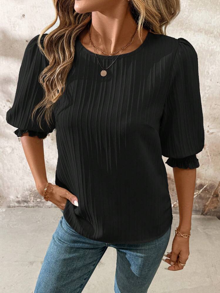 SHEIN Clasi Women Spring Round Neck Mid Sleeve Loose Blouse For Vacation - Black - View 3