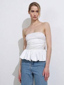 SHEIN LUNE Bodysuit Wanita Kasual Tanpa Tali dengan Detail Kerut, 2 In 1, Desain Kerut, Lucu & Menawan, Warna Polos - Putih - View 5