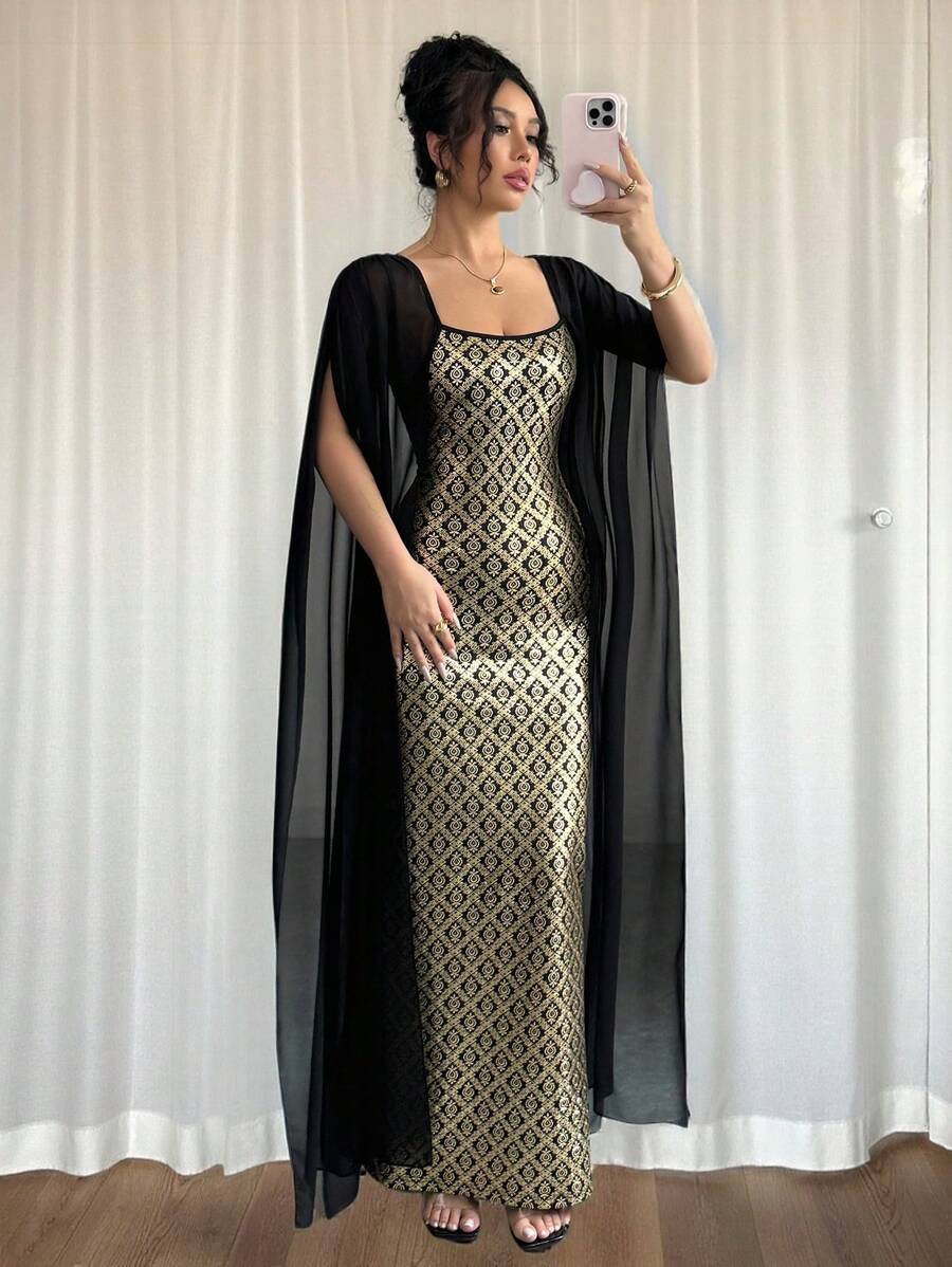 Rafferiza 女士优雅金属箔印花方领透明雪纺袖修身中长连衣裙