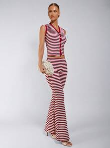 COSMINA 2 件套女士条纹单排扣背心和喇叭裤休闲装