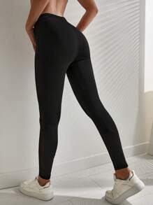 RueChic Contrast Mesh V-Cut Waist Leggings - Black - View 2