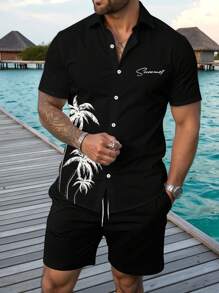 Manfinity RSRT 大码男士热带植物印花短袖衬衫和短裤假日休闲套装 - 黑色 - 查看 1