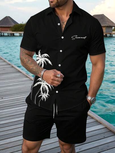 Manfinity RSRT Plus Size Men Tropical Plant Print Short Sleeve Shirt And Shorts Holiday Casual Suit