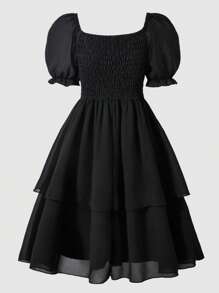 SHEIN Explorewe Teen Girl Bowknot Decor Square Neck Short Puff Sleeve Mini Dress - Black - View 3