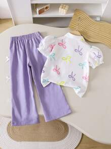 SHEIN Genkimix Kids 2 件套年轻女孩短袖衬衫和裤子时尚服装，适合夏季 - 彩色 - 查看 2