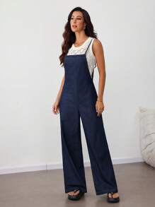 SHEIN Tall Women's Casual Loose Sleeveless Blue Denim Bib Pants And Jumpsuit Straight-Leg Suspender Jumpsuit For Women Jumpsuits For Woman Elegant