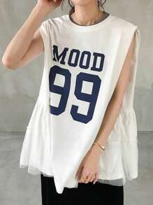FRIFUL 女士字母印花拼色荷叶边下摆网眼拼接圆领无袖休闲夏季街头背心 - 白色 - 查看 2