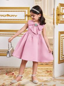 SHEIN Young Girl Solid Color Round Neck Ruffled Sleeve Fitted Tank Dress - Pink - View 2