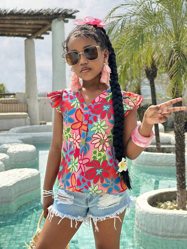 SHEIN Tween Girl Casual Floral V-Neck Cap Sleeve Blouse, Versatile For Spring/Summer Vacation