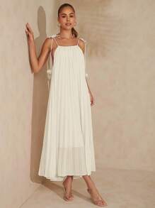 L'Amorae Pleated 3D Flower Strap Tie Detail Maxi Dress