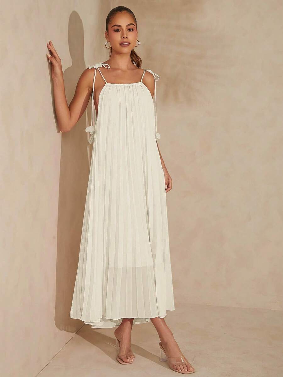L'Amorae Pleated 3D Flower Strap Tie Detail Maxi Dress
