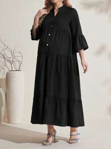 SHEIN 孕妇长款宽松拼布纽扣连衣裙 - 黑色 - 查看 5