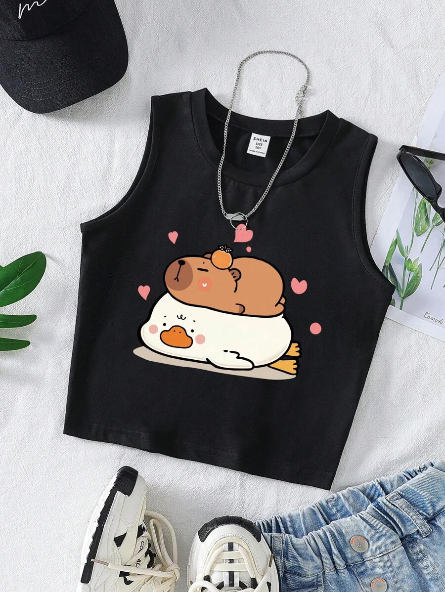 SHEIN Girls' Capybara And Duck Cartoon Print Crew Neck Black Cute Tank Top Y2k Clothes Tween - Black - View 1