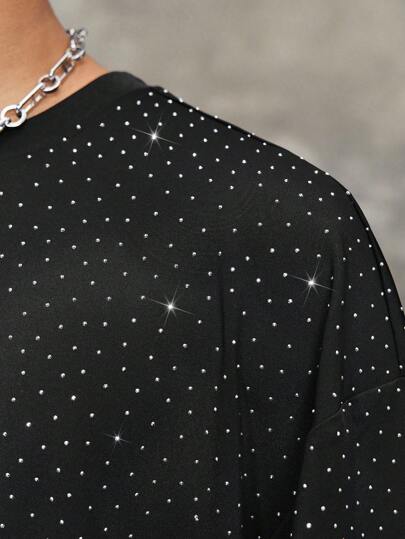 Street Life T-shirt casual polyvalent à col rond à manches courtes orné de strass pour homme, rave