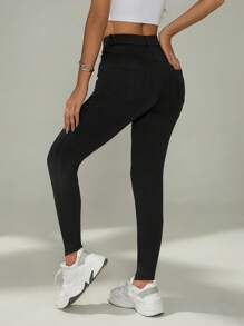 SHEIN PETITE 女士修身裤，修身显身材，女士休闲黑色紧身裤，双插袋紧身裤，常规长度 - 黑色 - 查看 2