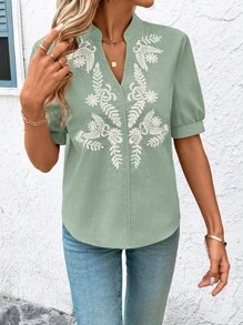 SHEIN Clasi V-Neck Eyelet Embroidery Women Shirt, Fashionable For Summer, Christmas - Mint Green - View 5