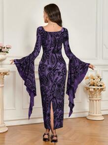 Modelyn Women's Long Sleeve Ruffle Cuff Elegant Flocked Midi Dress, Fitted, Autumn/Winter Fall Cloth For Women - Purple - View 2