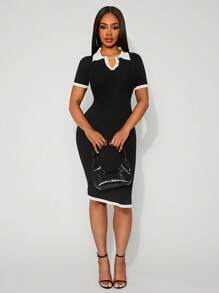 SHEIN SXY Nuevo vestido de suéter ajustado y sexy de primavera/verano para mujer con cuello alto, bloqueo de color acanalado, cintura ceñida y silueta adherente - Blanco y Negro - Ver 3