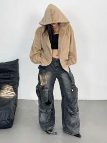 SHEIN POPSWAY 大码休闲纯色连帽羊毛夹克，秋冬 - 卡其色 - 查看 5
