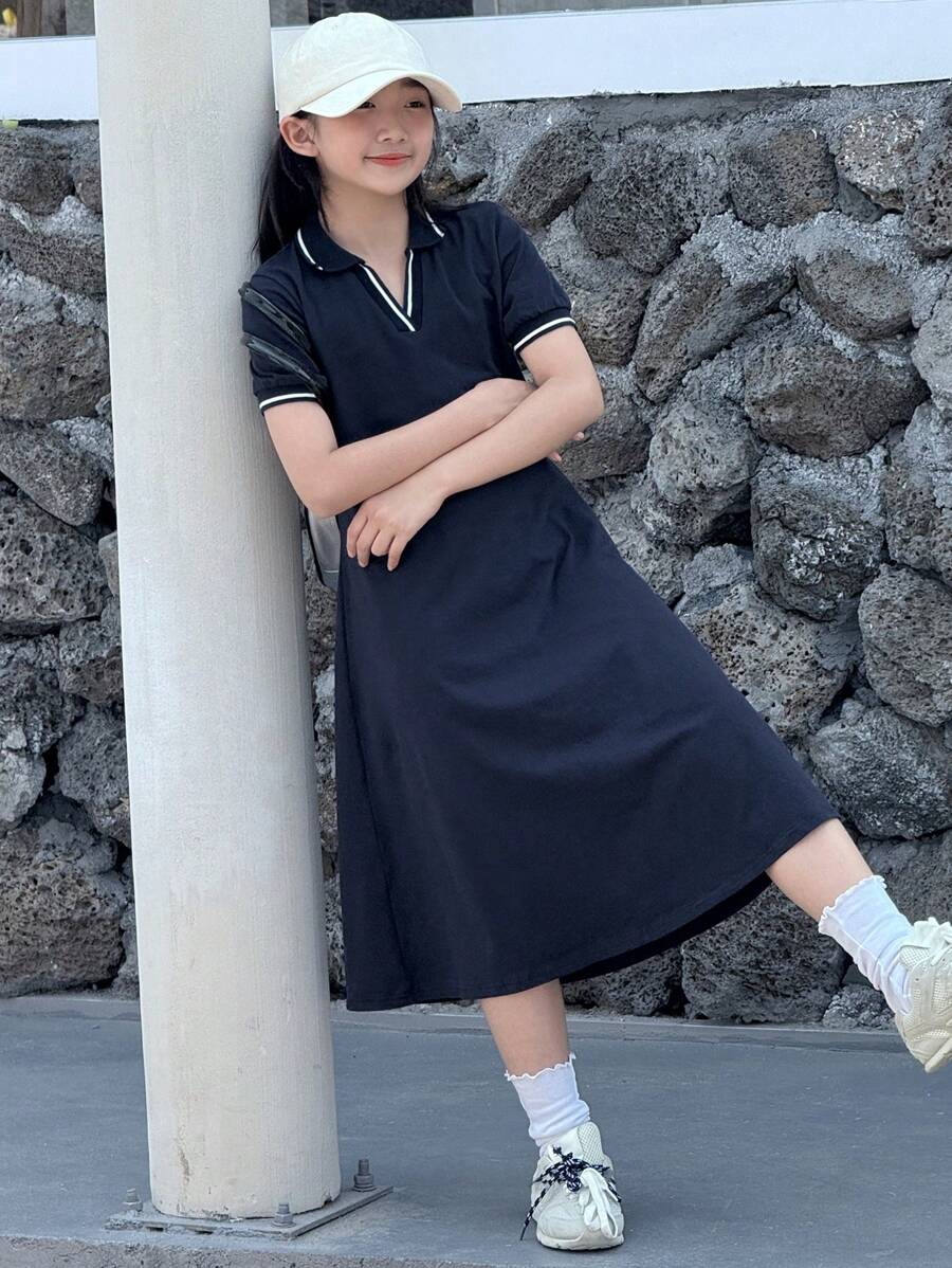 Dazy Kids Tween Girl Collared Short Sleeve Knit Casual Dress, Summer - Navy Blue - View 1