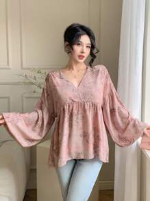 DAZY 宽松印花长袖圆领休闲度假女式衬衫，夏季荷叶边复活节 - 粉色 - 查看 6