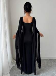 Rafferiza 女士优雅金属箔印花方领透明雪纺袖修身中长连衣裙