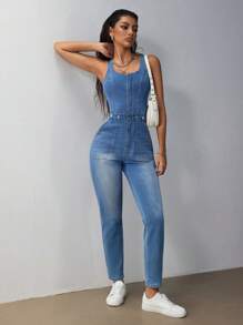 SHEIN EZwear Women's Casual Daily Wear Pocketed Bib Overall Denim Jumpsuit - Blue - View 4