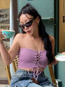 DAZY Women Lace-Up Knitted Tube Top Crop Top - Purple - View 8