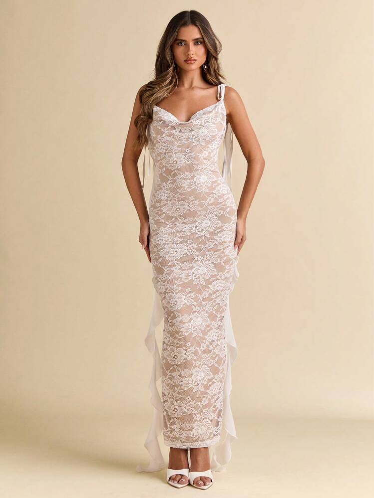 SHEIN BAE Women's Elegant Ruffled 30D Three-Dimensional Flower Dress Summer Seaside Vacation White Lace Long Dress Wedding Banquet Bridesmaid Dress School Season Dress Night Out Holiday Dress Sexy Backless Summer Outfits For Women/Spring Clothes/Valentine's Day Outfit/Carnival/Beach Vacation Outfits,Bohemia,Valentine's Day,Valentine Outfits For Women - White - View 7