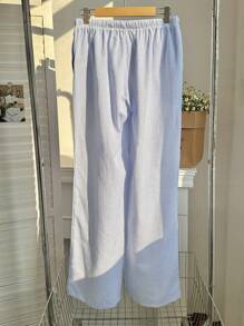 Elamini 蓝白条纹褶皱纹理低腰抽绳系腰侧袋直筒裤，超柔软舒适休闲家居服女士日常下装，夏季 - 藍色 - 查看 2