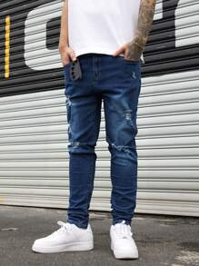 Manfinity LEGND Plus Size Men's Plain Color Casual Denim Jeans, Suitable For Summer - Medium Wash - View 4