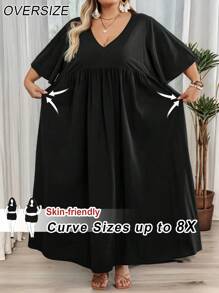 SHEIN CURVE+ 大码女式休闲黑色纯棉面料 V 领短袖娃娃教师连衣裙波西米亚风度假