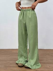 Flirla Women's Casual Green Plaid Linen Patchwork Ruched Hem Low-Waisted Side Pockets Straight Loose Pants, Minimalist Elegant Design For Spring/Summer Fall Cloth For Women