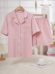 Set de 2 piezas con top de manga corta y shorts en estampado a cuadros de burbujas rosas, de estilo casual y elegante para mujer