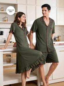 Contrast Color Collar & Cuff Open Front Single Pocket Men's Pajama Set - Olive Green - View 1