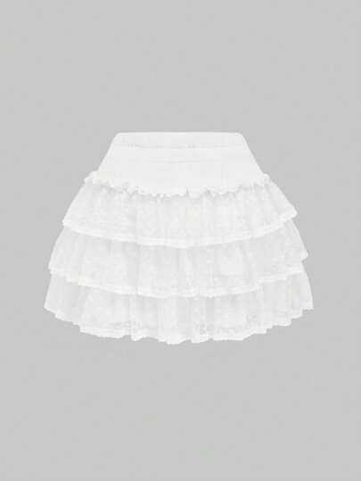 Kawaii Falda de tarta con volantes con lazo de encaje estilo Kawaii en talla grande