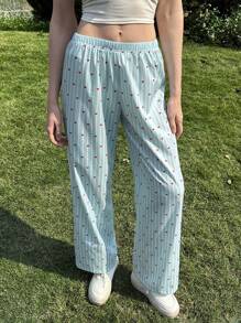SHEIN EZwear 女士休闲条纹爱心印花裤，春季、夏季、沙滩装 - 彩色 - 查看 4