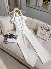 SHEIN Clasi Summer New French Style Elegant Ruffled Patchwork Slim Fit Women Jumpsuit - White - View 1