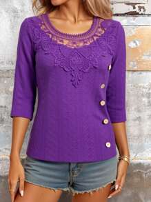 Camiseta de manga media con encaje y tejido jacquard para mujer - Morado - Ver 1