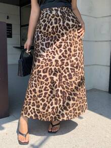 Dazy Plus Leopard Print Long A-Line Skirt, Elegant All Season Fall Skirts - Brown - View 7