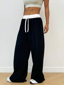 Dewbera Pantalon de sport évasé ample à taille haute de yoga, blocs de couleurs - Noir - Voir 7