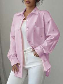 Chiquease Women's Casual Drop Shoulder Long Sleeve Pink Butterfly Print Blouse - Purple - View 4