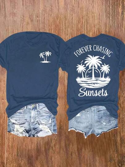 Sunsets Beach Palm Tree Letter Print Short Sleeve Round Neck T-Shirt, Suitable For Daily Casual, Outdoor, Vacation Wear, All Seasons