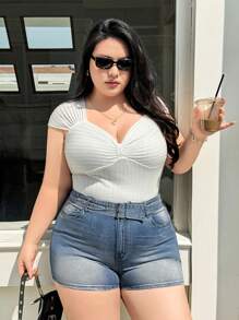 SHEIN EZwear Quần short denim cạp chun màu xanh nhạt lãng mạn tối giản mùa hè cỡ lớn cho nữ - Rửa nhẹ - Xem 1