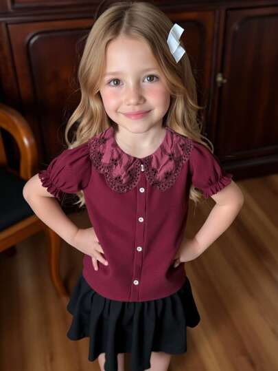 Young Girl Simple Casual Blouse With Corduroy & Lace Trim Peter Pan Collar Puff Sleeve, Summer Young Girl Summer Tops Blouses Girls Dress,ChicAutumn,Halloween, Christmas
