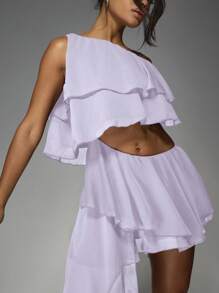 MISSGUIDED Off Shoulder Ruffle Mini Dress With Asymmetrical Hem Party Club Evening Wear Tiered Flounce Summer Spring Fashion - Mauve Purple - View 3