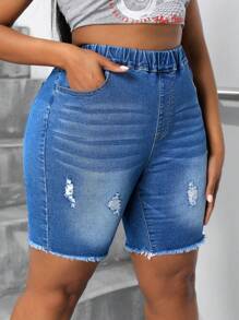 SHEIN SXY Plus Size Women's Summer Pockets Distressed Elastic Waist Denim Biker Pants